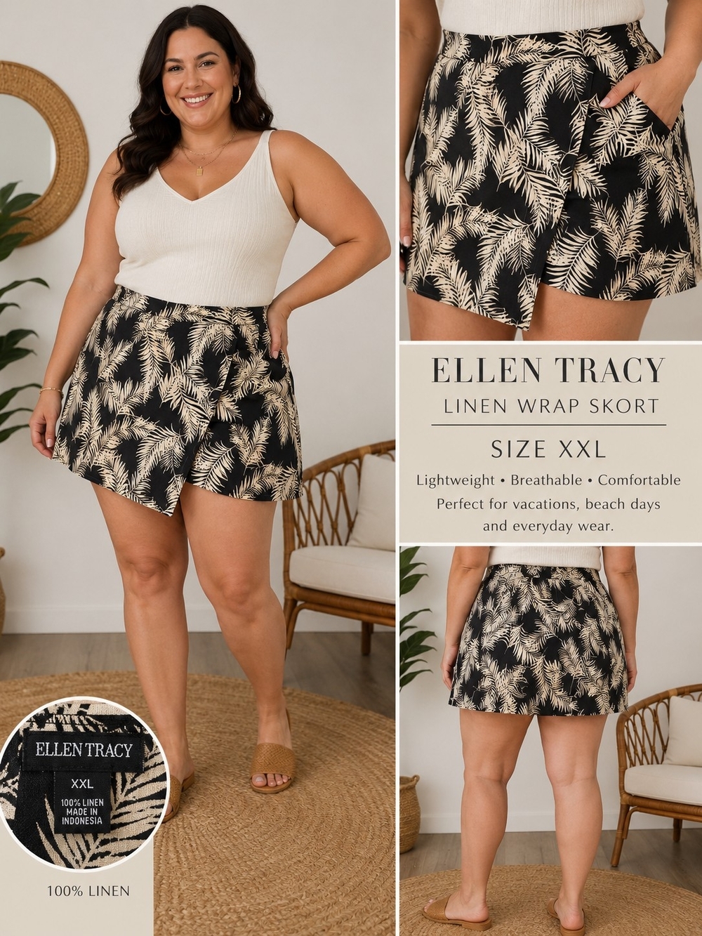 Ellen Tracy Linen Blend Tropical Palm Leaf Wrap Skort XXL NWT Resort Beach